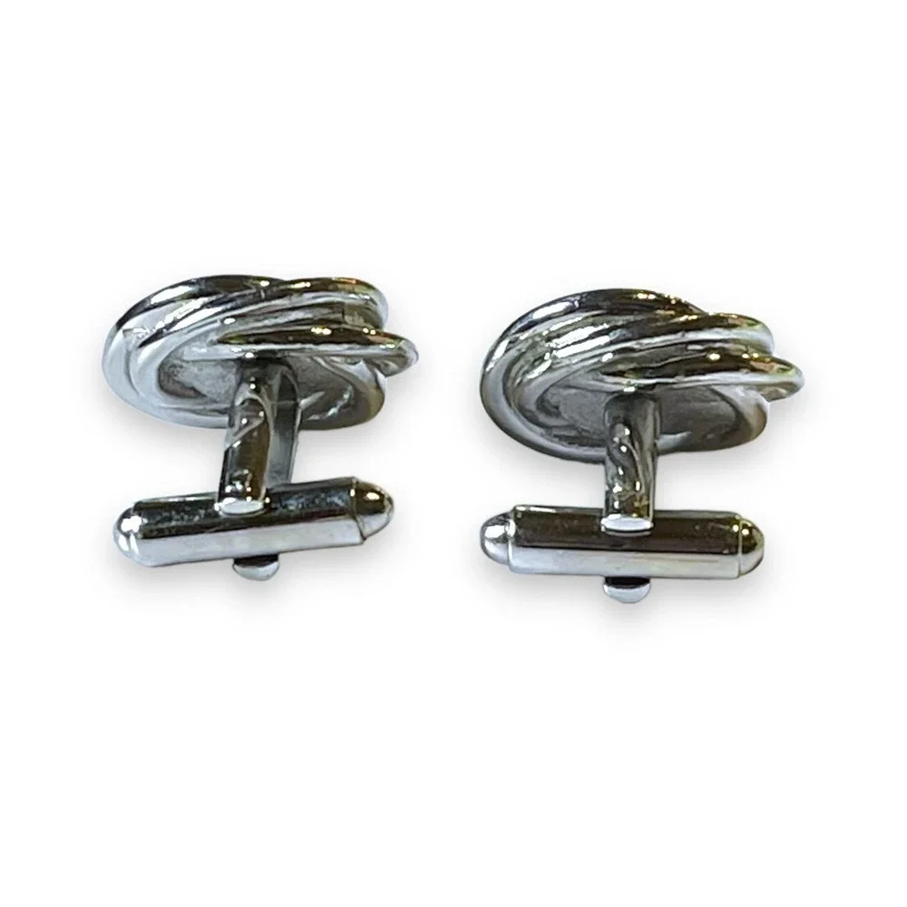 Silver Tone Cufflinks Blue Glass Cabochons Knot Style